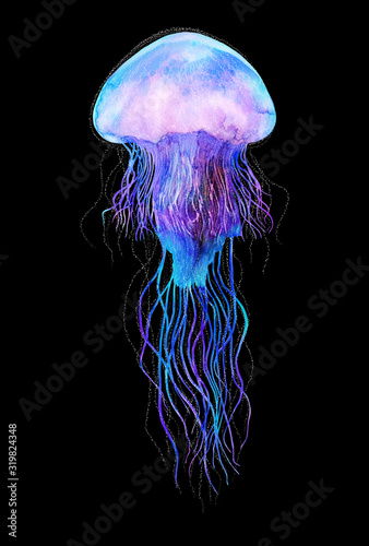 Watercolor jellyfish in modern bright neon colors isolated on black background u Poster Mural XXL