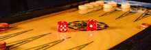 Backgammon Game. Red Transparent Dices Over The Game Board, Banner Size.