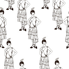 Seamless Pattern With A Girl On A White Background With Pencils Drawn. In The Style Of The 1920s.