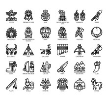 Set Of Native American Thin Line And Pixel Perfect Icons For Any Web And App Project.