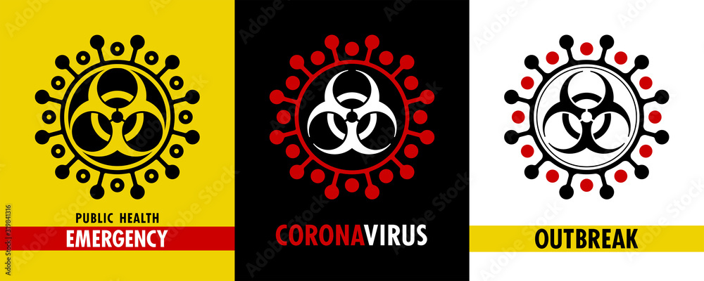 Coronavirus. Vector set of different icons and pictograms about epidemic outbreak. Original design. Biohazard symbol is inserted into spiked shape of new deadly virus. Alert and awareness stickers - obrazy, fototapety, plakaty 