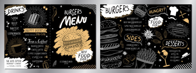 Wall Mural - Vintage burger menu/ card template (burgers, french fries, desserts, drinks) - 2 x A4 (210x297 mm) card