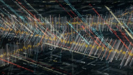 Poster - Abstract business graphs technology data on black background, seamless loop. Animation. Business success concept, charts and graphs flying all over the screen.