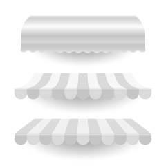 Sticker - White empty commercial vector awning. Market, cafe, or restaurant desing element. Striped and pure white awnings isolated on white background.