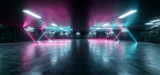 Fototapeta Do przedpokoju - Neon Glowing Purple Blue Cyber Underground Brick Cement Asphalt Parking Showroom Car Garage Corridor Lights Realistic Urban Showcase Background 3D Rendering
