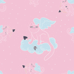 Aufkleber - Seamless pattetn with cute cats cupids. Romantic flat illustration. Vector cartoon background.