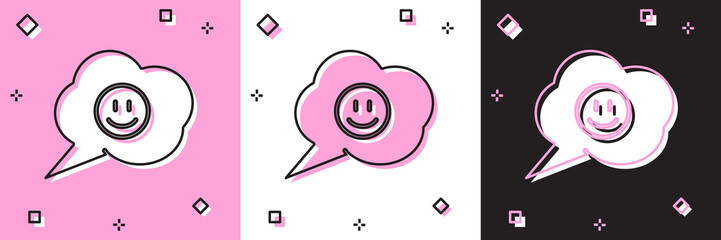 Poster - Set Speech bubble with smile face icon isolated on pink and white, black background. Smiling emoticon. Happy smiley chat symbol. Vector Illustration