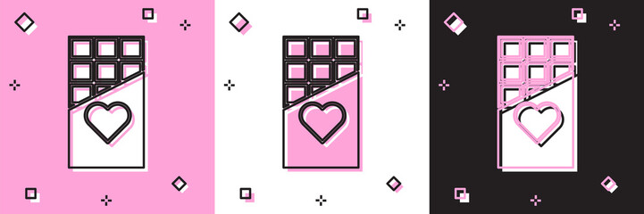 Poster - Set Chocolate bar icon isolated on pink and white, black background. Valentines day symbol. Vector Illustration