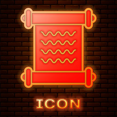 Sticker - Glowing neon Decree, paper, parchment, scroll icon icon isolated on brick wall background. Vector Illustration