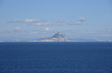 Landscape with Gibraltar Rock on the horizon. View from the sailing vessel. 