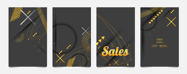 Gold modern geometric trend abstract set sale banner. Gold elements on a gray background composition