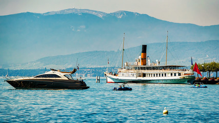 Wall Mural - Ships on Lake Geneva in Lausanne, Switzerland.