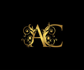 Luxury  letter A, C and AC  Vintage Gold Floral Logo Icon, overlapping monogram logo, elegant luxury gold color on black background. Classy Letter Logo Icon.