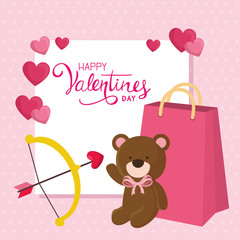 Sticker - happy valentines day card with bag shopping and cute bear