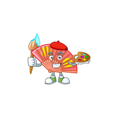 Wall Mural - Smart red chinese folding fan painter mascot icon with brush