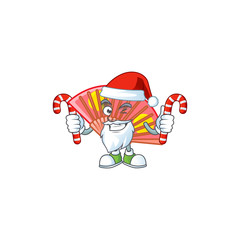 Sticker - Red chinese folding fan Cartoon character in Santa costume with candy