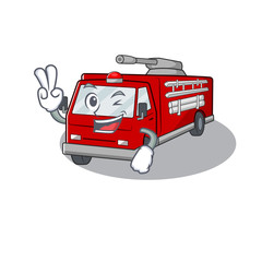 Canvas Print - Smiley mascot of fire truck cartoon Character with two fingers