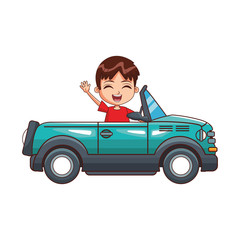 Sticker - sport car with cute boy waving, colorful design