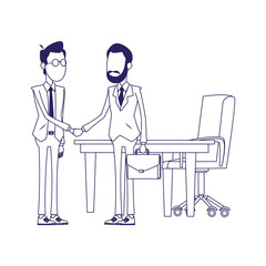 Poster - office desk and cartoon businessmen shaking hands, flat design