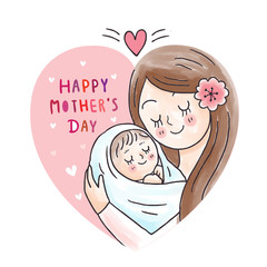 Wall Mural - Cartoon cute mother hugging baby in heart frame vector.