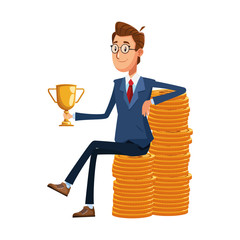 Sticker - cartoon businessman holding a trophy sitting on stack of money coins, colorful design