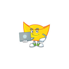 Sticker - A clever chinese gold ingot mascot character working with laptop