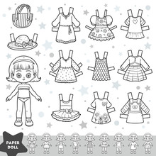 Black And White Cartoon Set, Cute Paper Doll And Set Of Summer Clothes