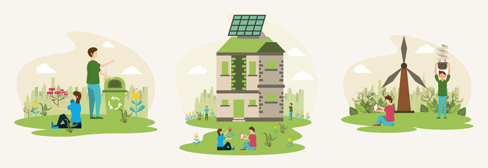 Naklejka na meble save the nature campaign with people in landscape scene