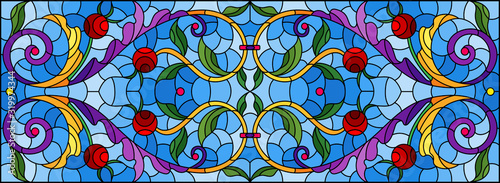 Naklejka kwiaty na szybę  ilustracja-w-stylu-witrazu-z-abstrakcyjnymi-wirami-kwiatami-i-liscmi-na-niebieskim-ba
