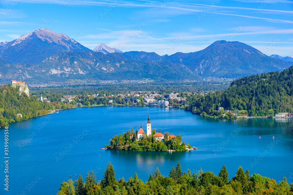 Aerial view of Bled Island and Lake Bled from Osojnica Hill, a popular tourist destination in Slovenia - obrazy, fototapety, plakaty 