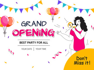 Poster - Grand Opening Invitation or Poster Design with Young Girl Announcement from Loudspeaker and Balloon Bunch on White Background.