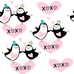 Two cute penguins hold a heart on a white background seamless pattern to valentine's day. Love concept