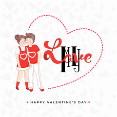 Poster - Cute Boy Kissing His Girlfriend with Love You Font on White Heart Pattern Background for Happy Valentine's Day.