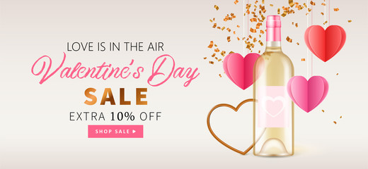 Wall Mural - Valentine's day banner template for social media advertising, invitation or poster design with realistic wine bottle and paper heart shape.