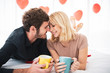 © DG PhotoStock - Lovely caucasian young couple enjoying breakfast set on the bed in bedroom together. Caucasian couple's portrait in relaxation posing.