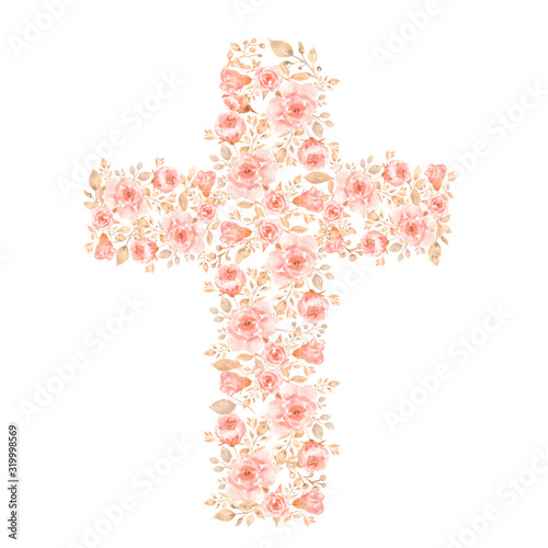 Fotomural Watercolor Easter Cross Clipart, Spring Coral Floral Arrangements, Baptism Crosses DIY Invitation, Greenery Easter clipart, Holy Spirit