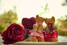 Teddy Bears And Roses And Gift Boxes On Valentine's Day.                             