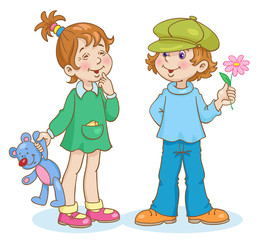 Poster - Cute little girl and funny boy with a flower. In cartoon style. Isolated on white background. Vector illustration.