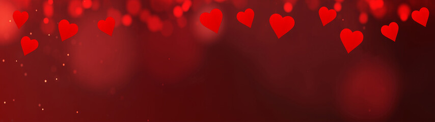 valentine's day background banner panorama - red hearts and bokeh lights on red festive texture