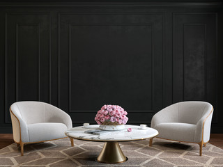 classic black interior with armchairs, coffee table, flowers and wall moldings. 3d render illustrati