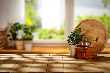 Wooden desk cover of dark shadows and coffee background with window sill 