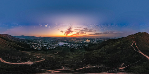 Sticker - Aerial View of rural green fields in Hong Kong border at sunset