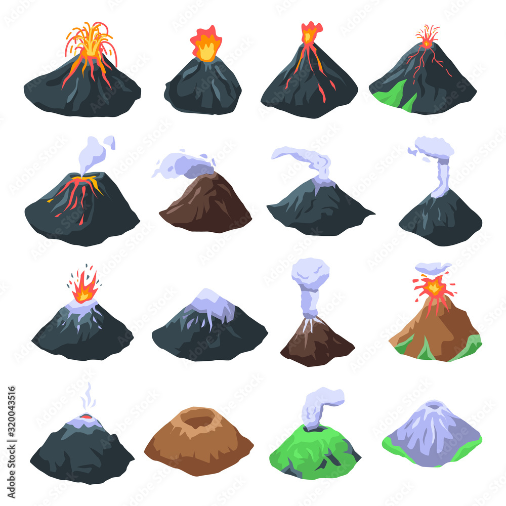 Volcano icons set. Isometric set of volcano vector icons for web design isolated on white background - obrazy, fototapety, plakaty 