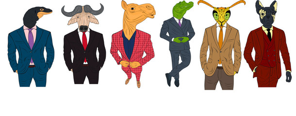 Characters of various animals in business suits and ties. Dog, bull, crocodile, camel and donkey cartoon business animal mascots isolated vector illustration.