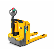 Yellow Pallet Truck Isolated On White Background. Side View Of Low-Lift Order Picker Truck With Lifting Driver Platform. Forklift Truck. Electric Lift Stacker Truck. Industrial Warehouse Equipment
