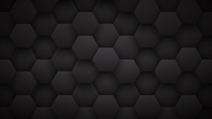 Wall Mural - Technological 3D Hexagons Darkness Abstract Background. Science Technology Hexagonal Blocks Pattern Conceptual Dark Gray Backdrop. Minimalist Black Wallpaper In Ultra High Definition Quality