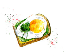 Tasty Sandwich With Fried Eggs, Olives, Guacamole. Watercolor Illustration Isolated On White Background