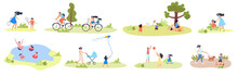 Large Set Of Summer Family Activities Showing Kids And Parents, Swimming, Flying Kite, Playing Racket Ball, On A Picnic, Walking The Dog And Cycling, Vector Illustration