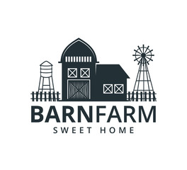 Wall Mural - backyard barn farm house storage hangar with fence windmill and water torrent tower vector logo design