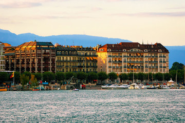 Wall Mural - Sunset with Boats in Geneva Lake in summer, Geneva, Switzerland